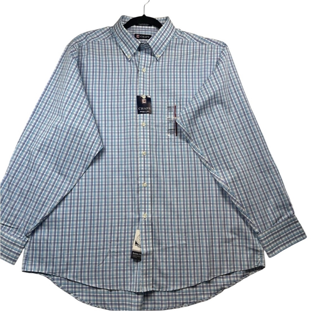 Chaps Mens Classic Fit Twill Plaid Button Down Shirt Blue‎ White NEW 34 /35